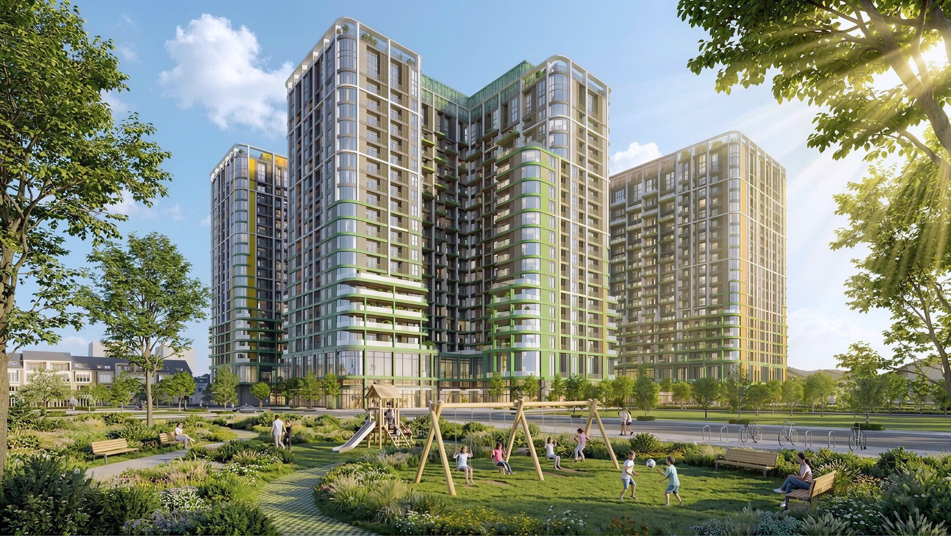 4 tòa tháp FourS Tower thiết kế lấy cảm hứng từ tranh tứ bình. Ảnh: Sun Property